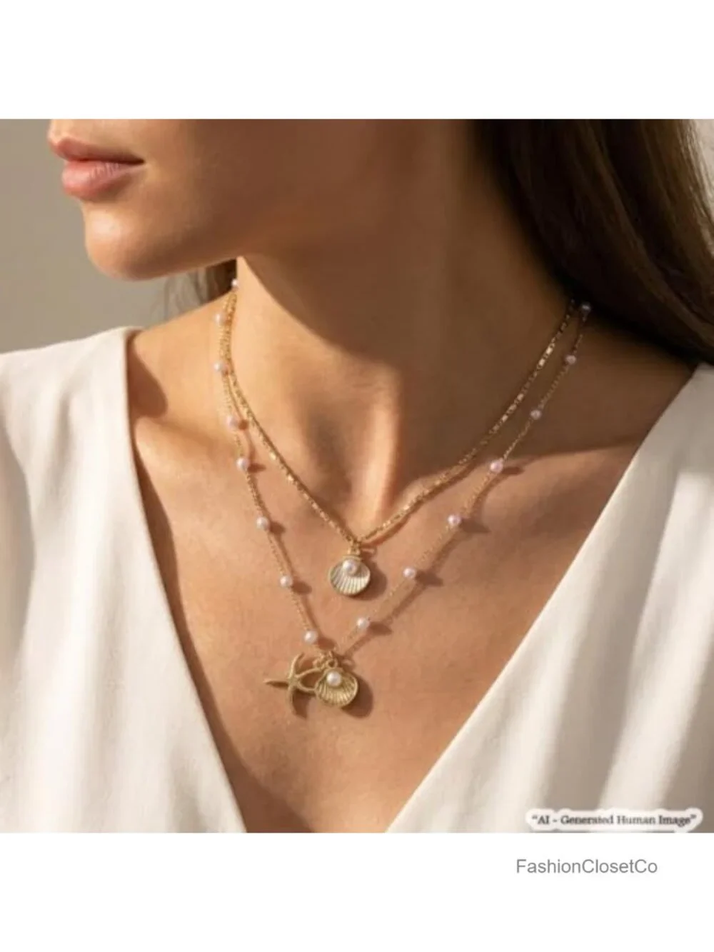 Gold Layered Seashell Necklace Set Boho Pearl Beaded Starfish Charm Chain